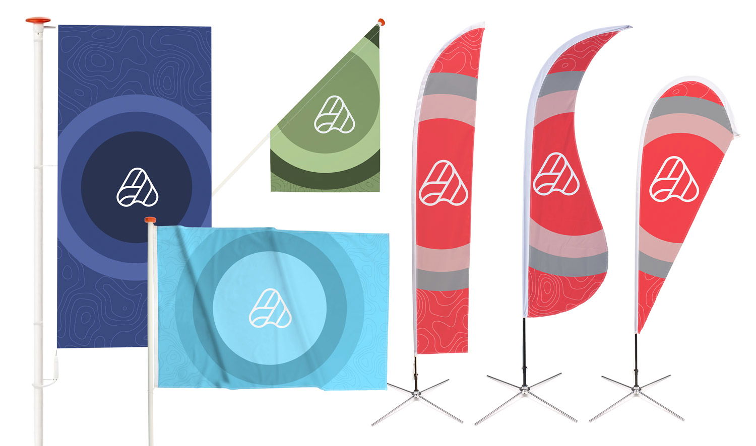 Collage van verschillende vlaggen: mastvlag, gevelvlag, kioskvlag, baniervlag en beachflag