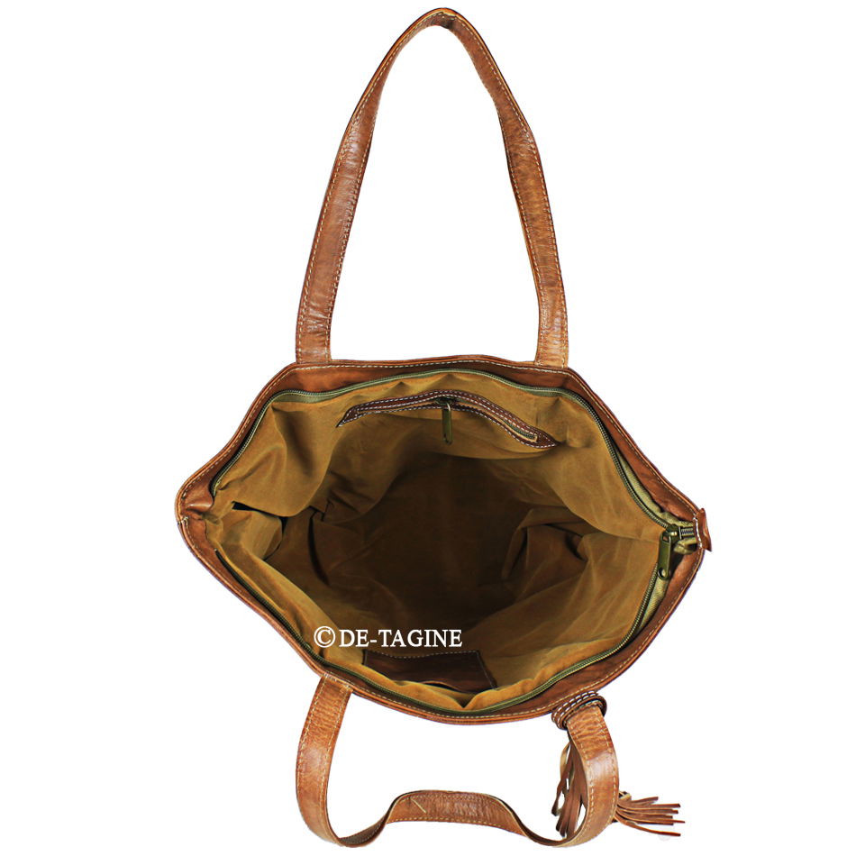 Leren shopper camel met geweven details - Afbeelding 3