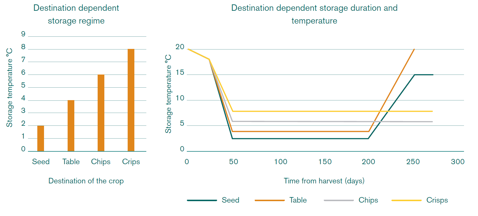Destination dependent potato storage regime, duration and temperature