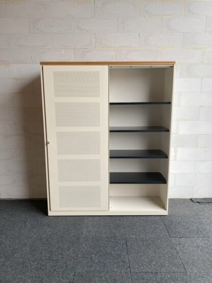 Schuifdeurkast Ahrend (akoestisch), gebroken wit, bamboe topblad, H 200 x B 160 x D 45 cm. - Afbeelding 3