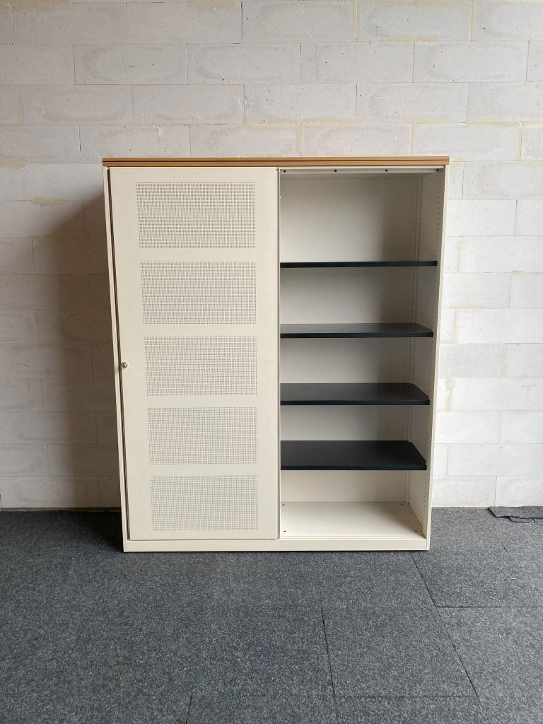 Schuifdeurkast Ahrend (akoestisch), gebroken wit, bamboe topblad, H 200 x B 160 x D 45 cm. - Afbeelding 3