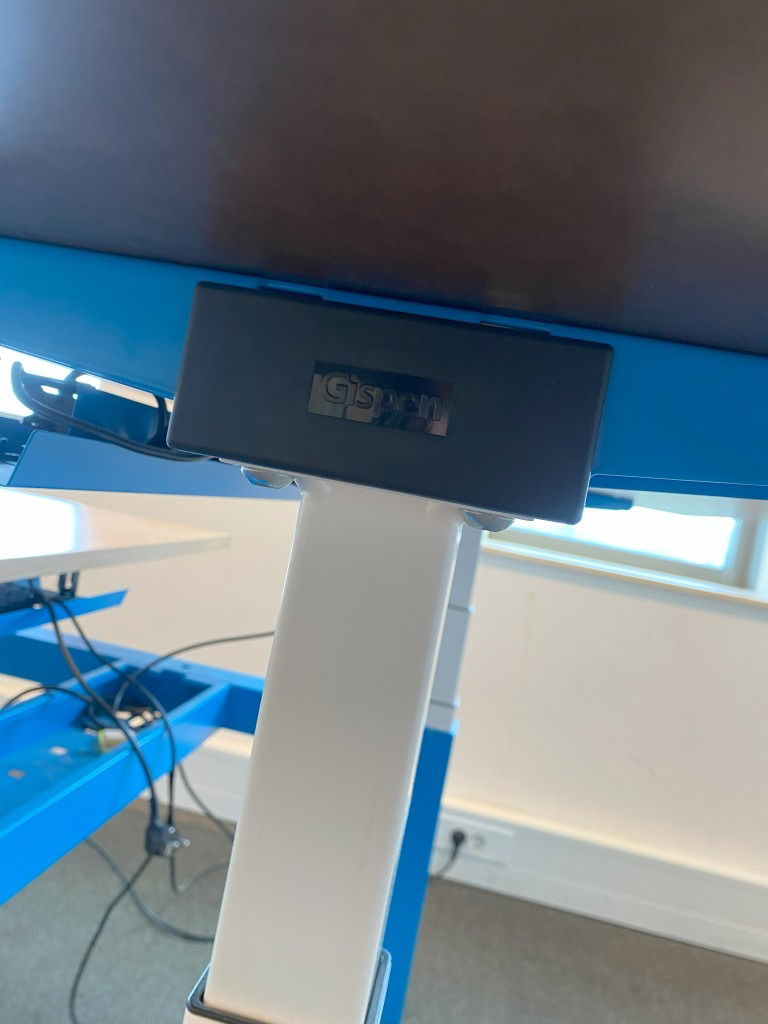 Bench zit/sta bureau Gispen (elektrisch), beuken blad, blauw/wit onderstel, 160 x 170 cm. - Afbeelding 8